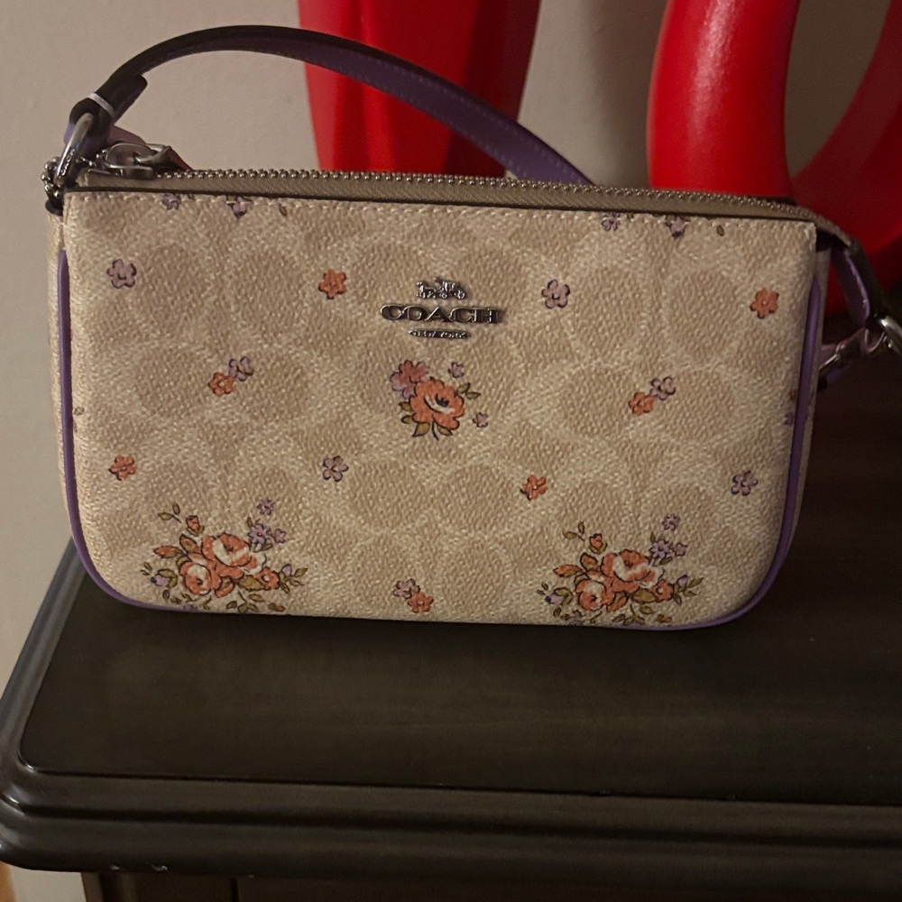 Coach Beige and Purple Floral Wristlet